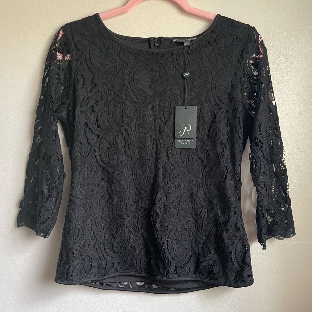 Adrianna Papell Black Lace 3/4 Sleeve Blouse